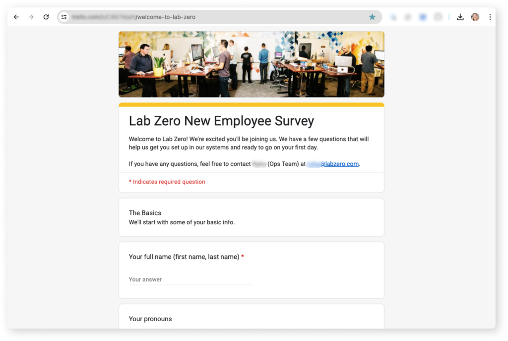 A screenshot of the New Employee survey. It has a photo of the team and includes questions about the new hires' names, pronouns, working styles, and dietary restrictions.