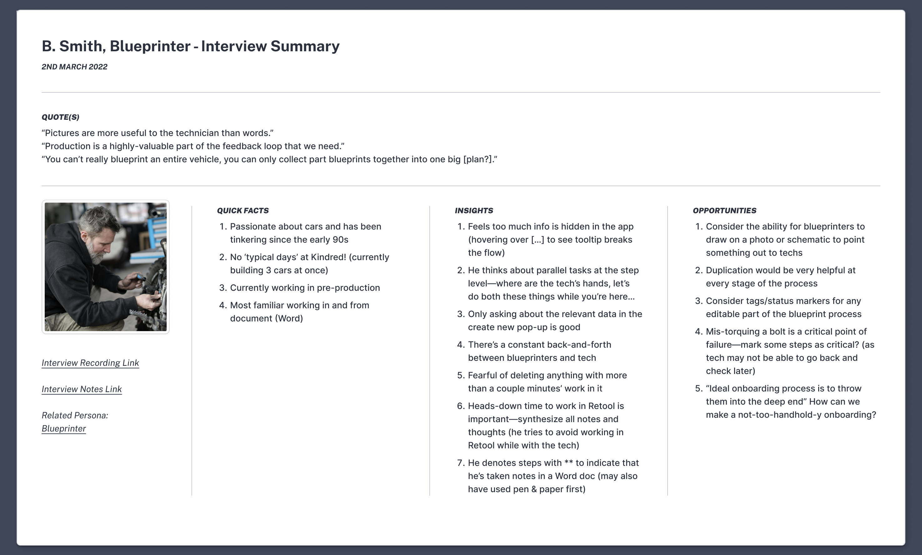 Summary of an interview with a Blueprinter. Names and photos have been changed. 