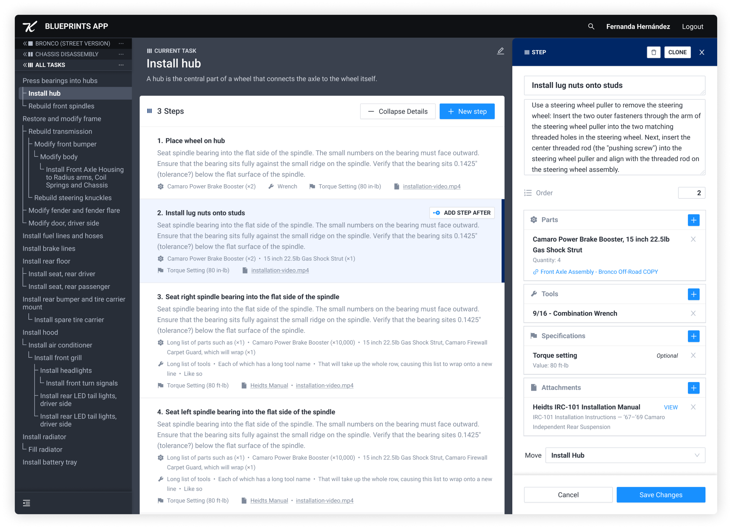 This sample list of steps in the Blueprinting tool shows the hierarchy of tasks in the leftmost panel, the list of steps in the current task, and a panel to edit the steps. The blueprinter can read the step information naturally without opening the right panel. No data is hidden by the UI. 