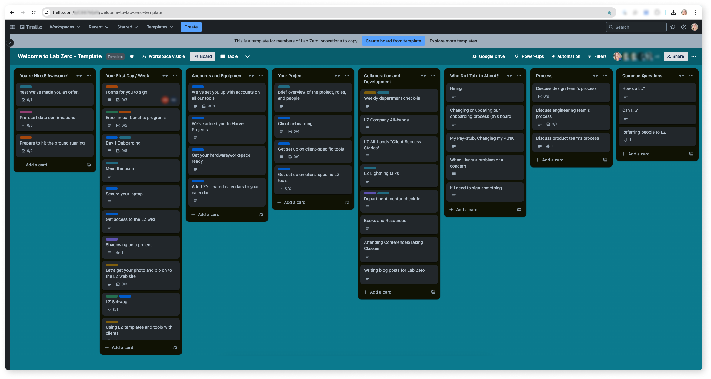 A screenshot of the Trello board our team used to onboard new staff. There's a column for welcome tasks, what to do your first week, how to set up your hardware and working spaces, what to expect from client onboarding, learning about your partner teams, and questions.